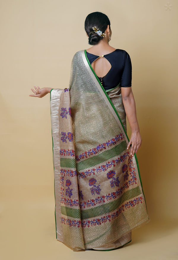 Cream Pure  Dyed Printed Chanderi Sico Saree-UNM73349
