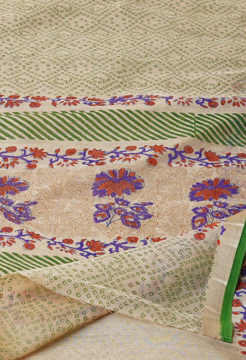 Cream Pure  Dyed Printed Chanderi Sico Saree-UNM73349