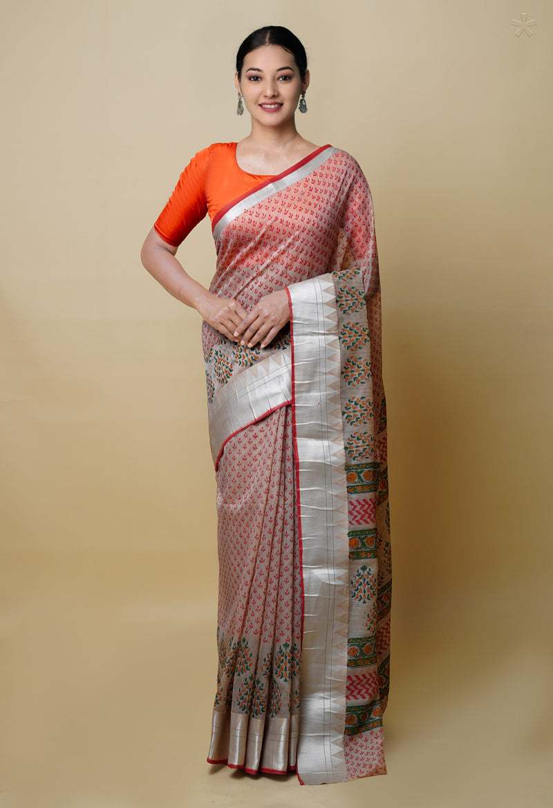 Cream Pure  Dyed Printed Chanderi Sico Saree-UNM73350