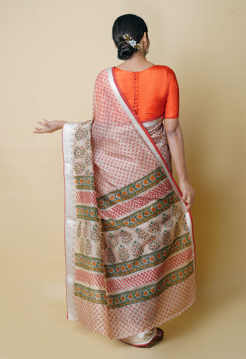 Cream Pure  Dyed Printed Chanderi Sico Saree-UNM73350