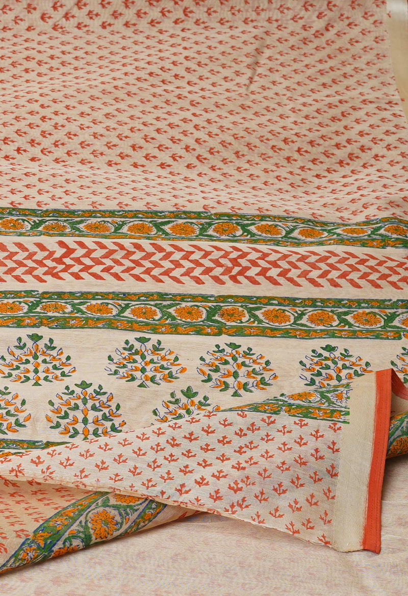 Cream Pure  Dyed Printed Chanderi Sico Saree-UNM73350