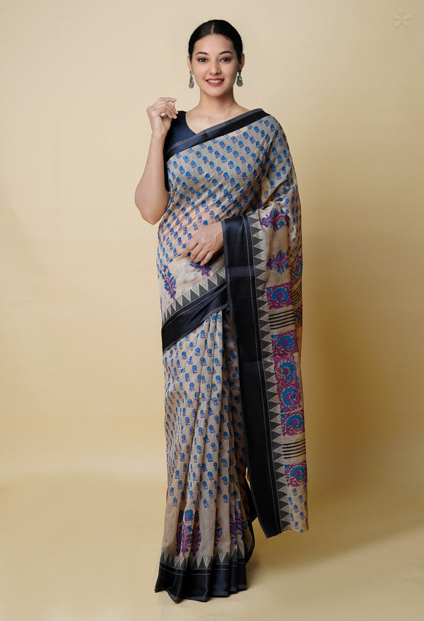 Cream Pure  Dyed Printed Chanderi Sico Saree-UNM73352