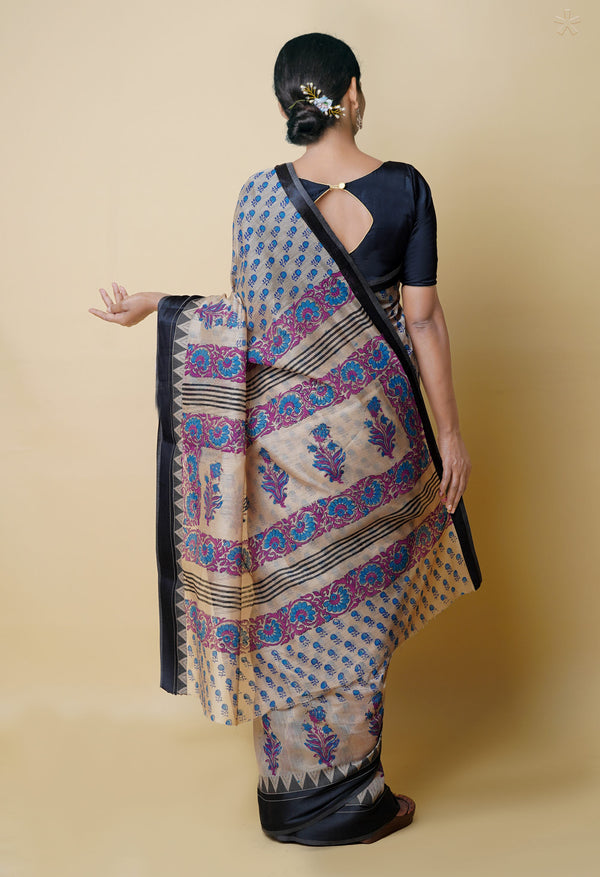 Cream Pure  Dyed Printed Chanderi Sico Saree-UNM73352