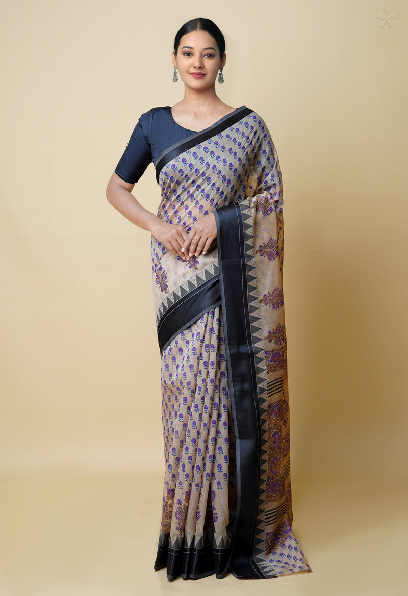 Cream Pure  Dyed Printed Chanderi Sico Saree-UNM73353