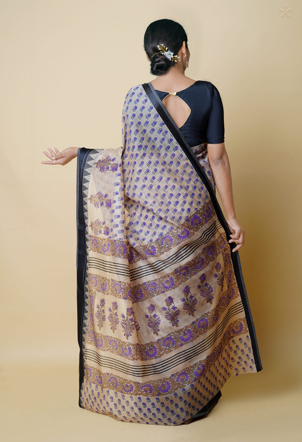 Cream Pure  Dyed Printed Chanderi Sico Saree-UNM73353