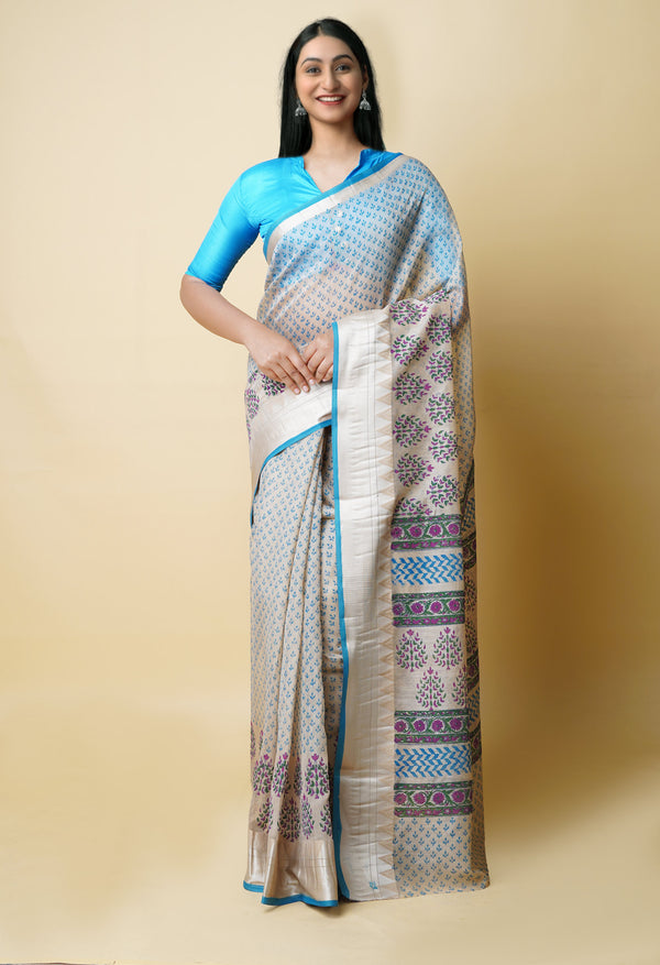 Cream Pure  Dyed Printed Chanderi Sico Saree-UNM73354