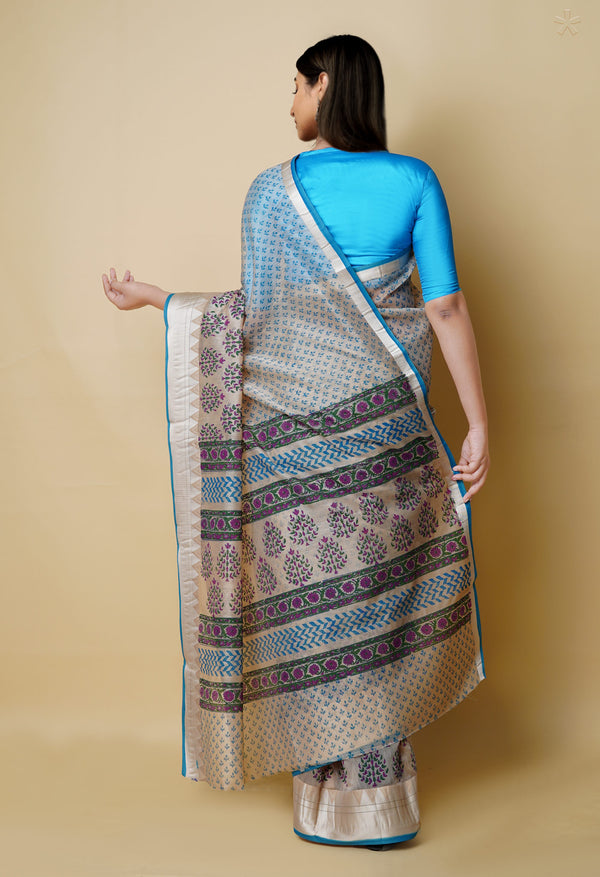 Cream Pure  Dyed Printed Chanderi Sico Saree-UNM73354