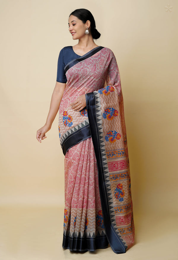 Cream Pure  Dyed Printed Chanderi Sico Saree-UNM73356