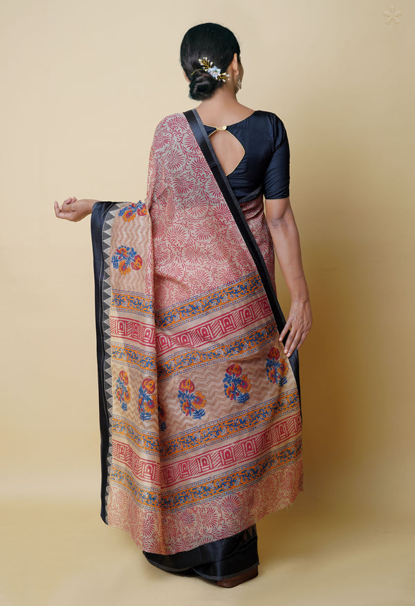 Cream Pure  Dyed Printed Chanderi Sico Saree-UNM73356