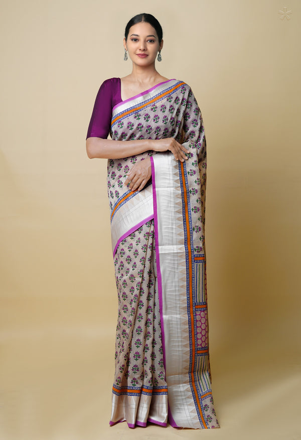 Cream Pure  Dyed Printed Chanderi Sico Saree-UNM73357
