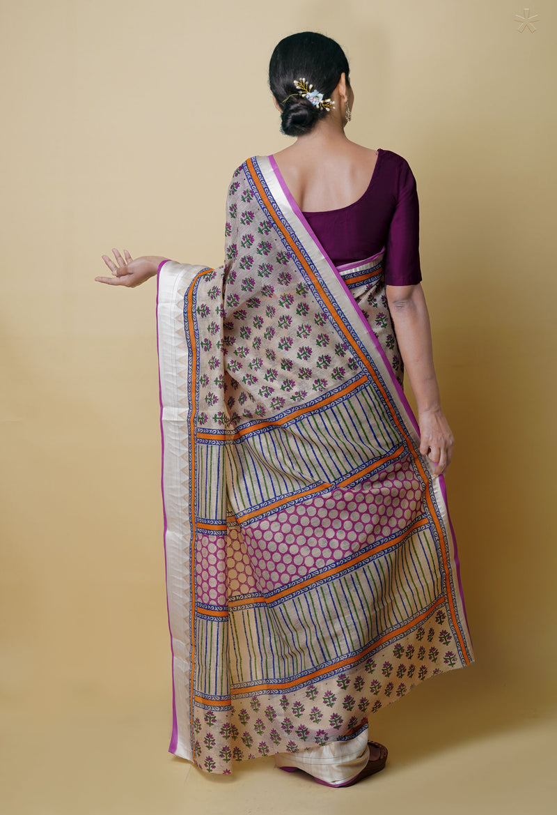Cream Pure  Dyed Printed Chanderi Sico Saree-UNM73357