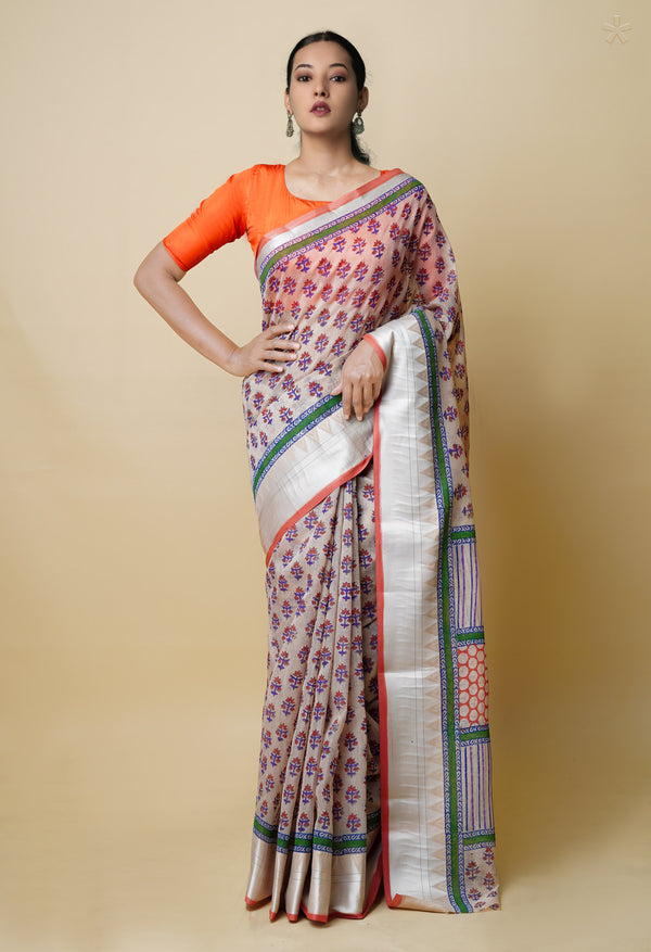 Cream Pure  Dyed Printed Chanderi Sico Saree-UNM73358