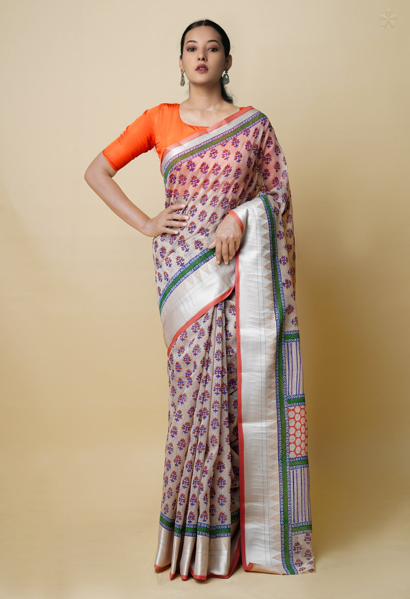 Cream Pure  Dyed Printed Chanderi Sico Saree-UNM73358