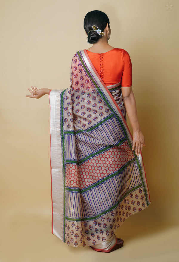 Cream Pure  Dyed Printed Chanderi Sico Saree-UNM73358