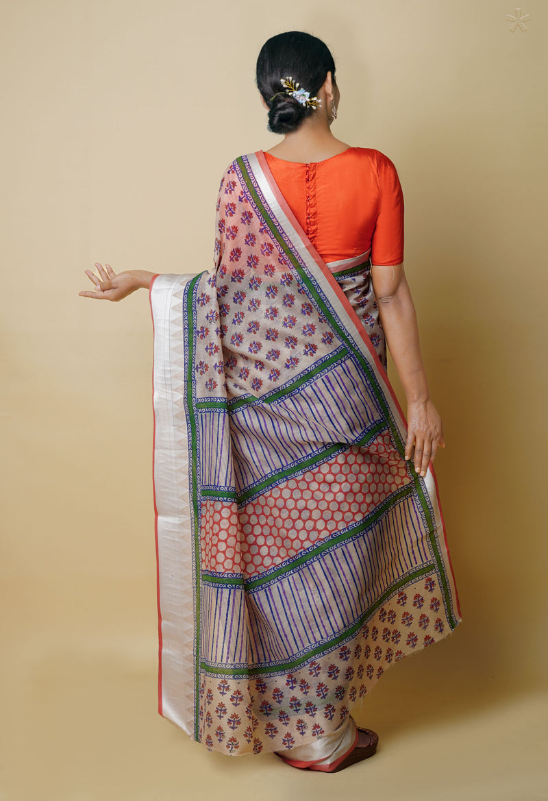 Cream Pure  Dyed Printed Chanderi Sico Saree-UNM73358