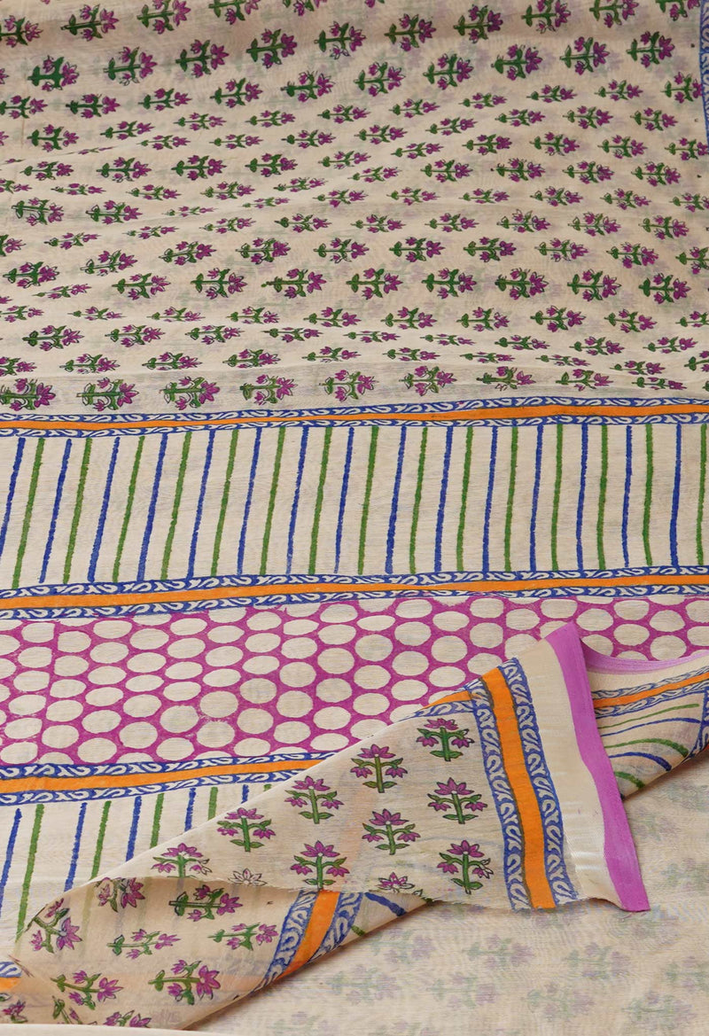 Cream Pure  Dyed Printed Chanderi Sico Saree-UNM73358