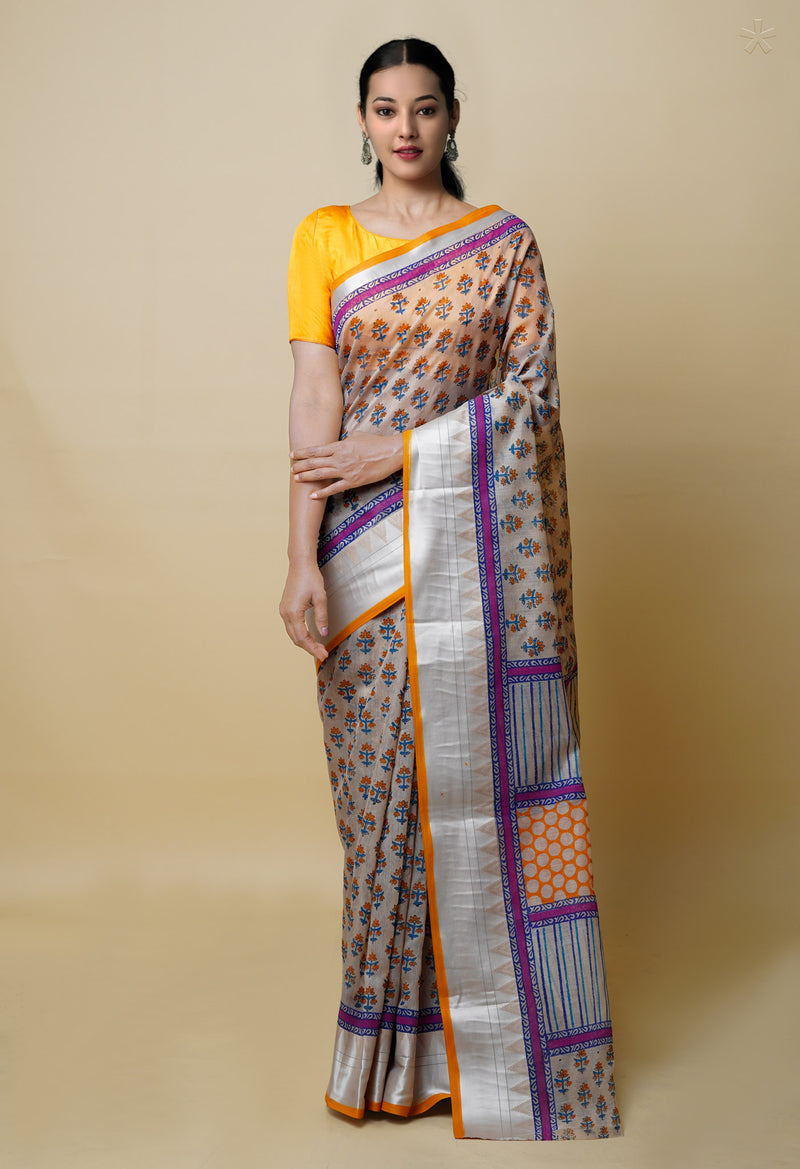 Cream Pure  Dyed Printed Chanderi Sico Saree-UNM73359