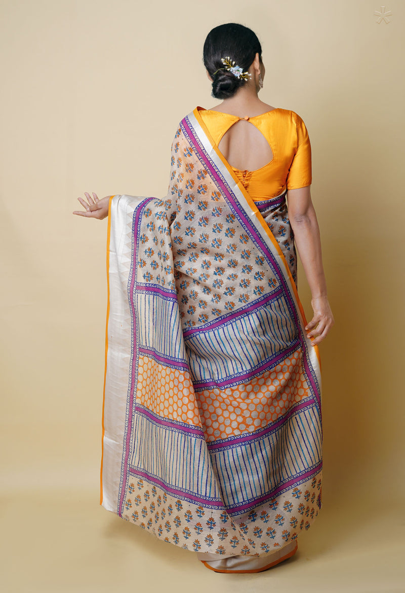Cream Pure  Dyed Printed Chanderi Sico Saree-UNM73359