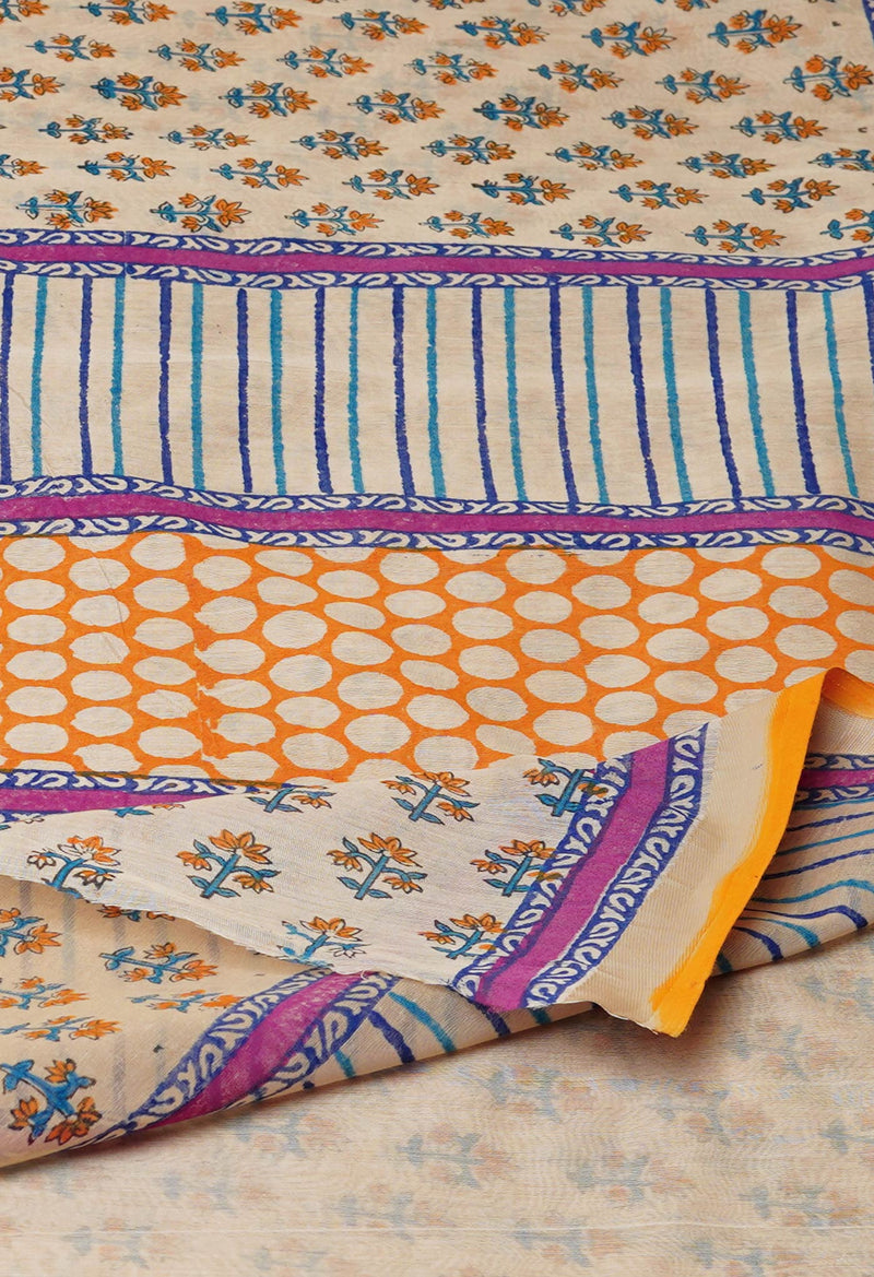 Cream Pure  Dyed Printed Chanderi Sico Saree-UNM73359