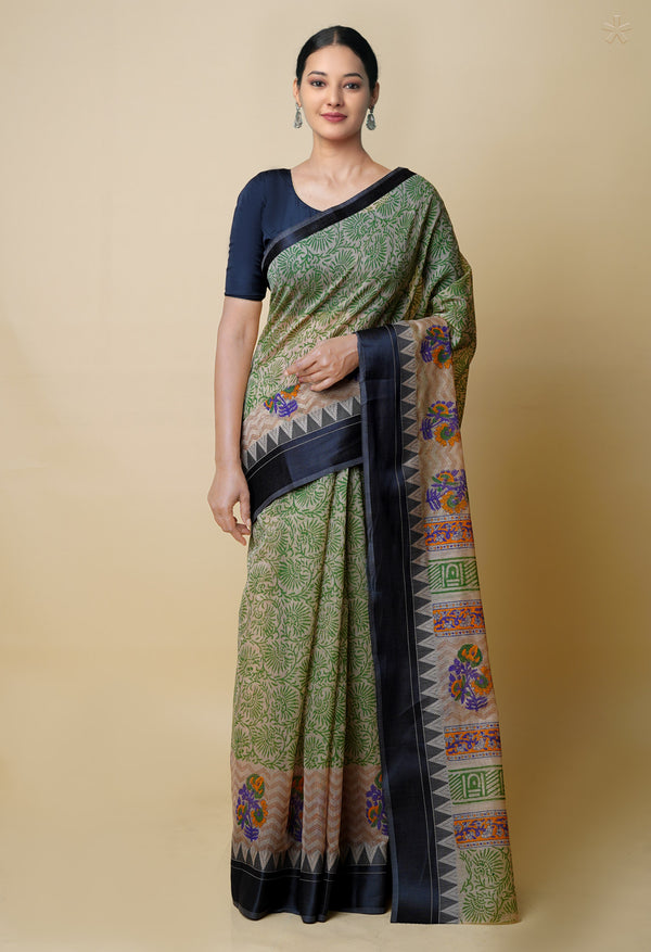 Cream Pure  Dyed Printed Chanderi Sico Saree-UNM73360