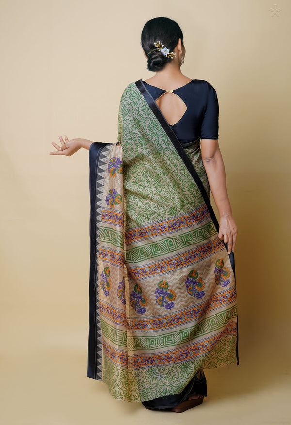 Cream Pure  Dyed Printed Chanderi Sico Saree-UNM73360