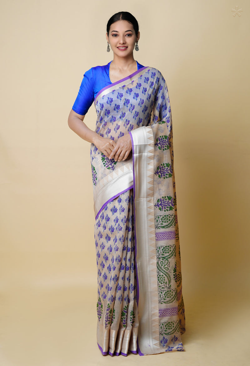 Cream Pure  Dyed Printed Chanderi Sico Saree-UNM73361