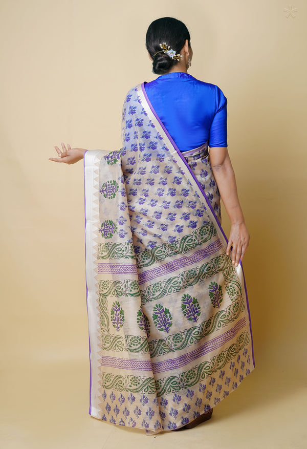 Cream Pure  Dyed Printed Chanderi Sico Saree-UNM73361