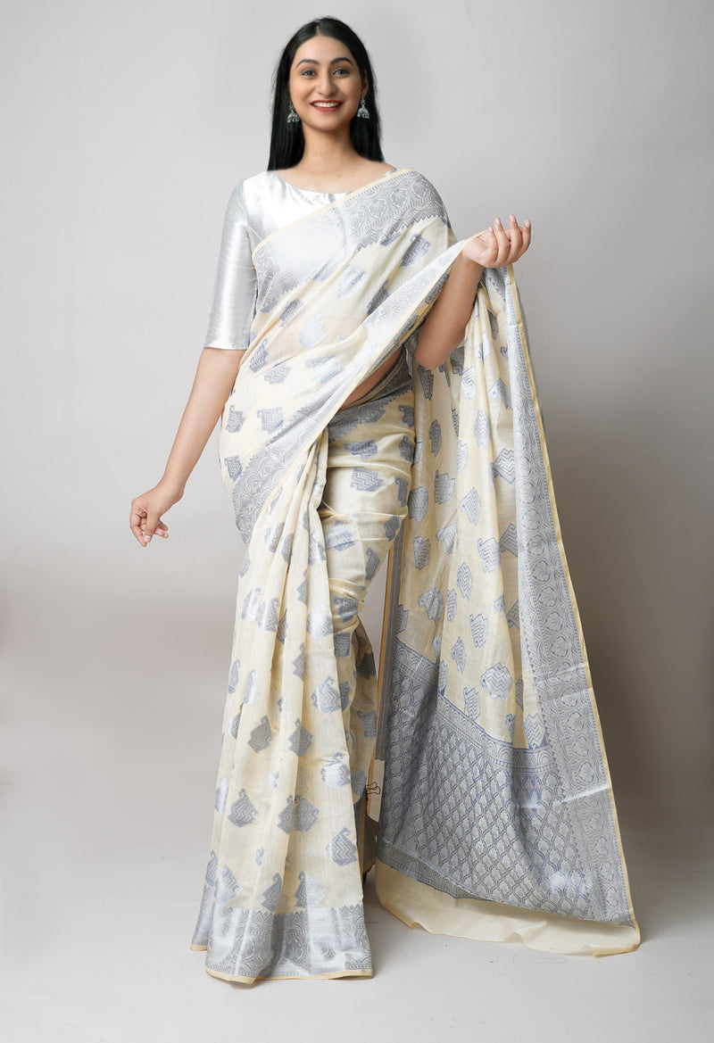 Cream  Banarasi Chanderi Sico Saree-UNM73393