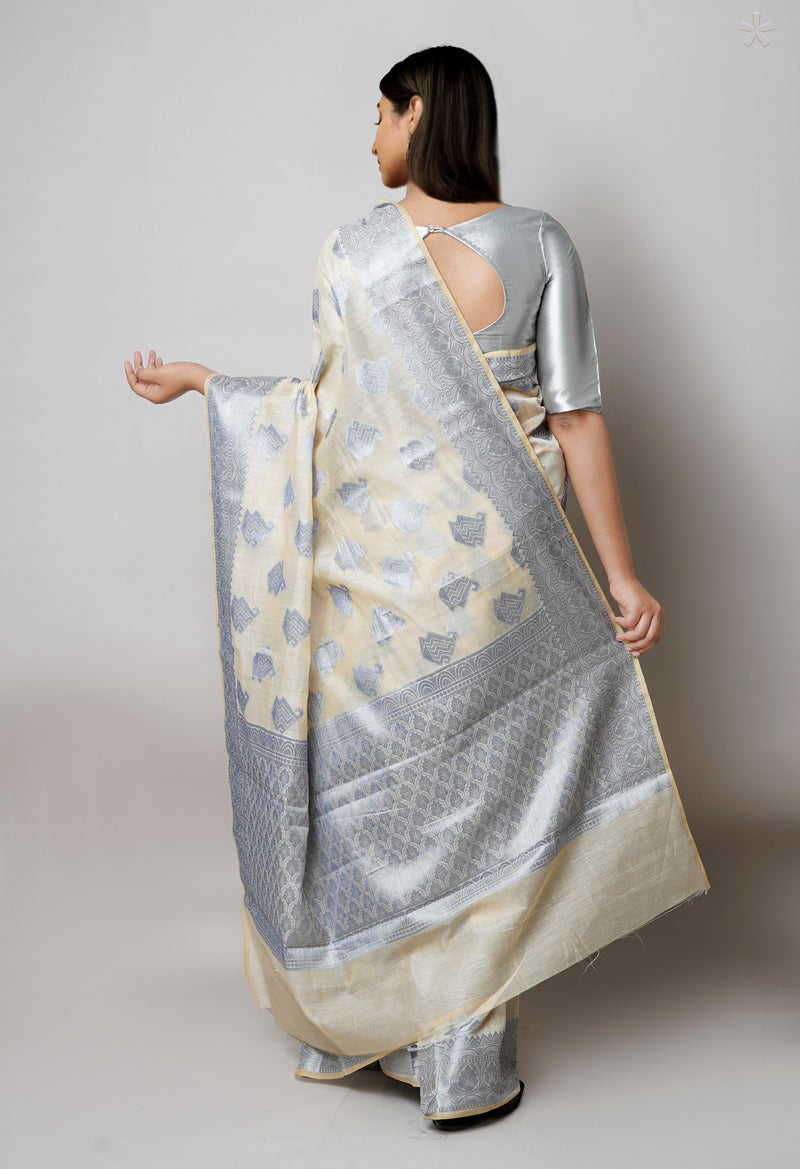 Cream  Banarasi Chanderi Sico Saree-UNM73393