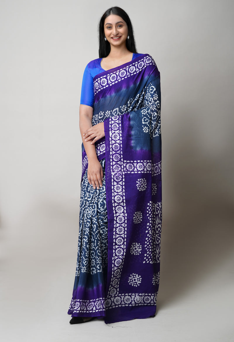 Bluish Grey-Dark Blue Pure  Hand Batik Printed Cotton Saree-UNM73406
