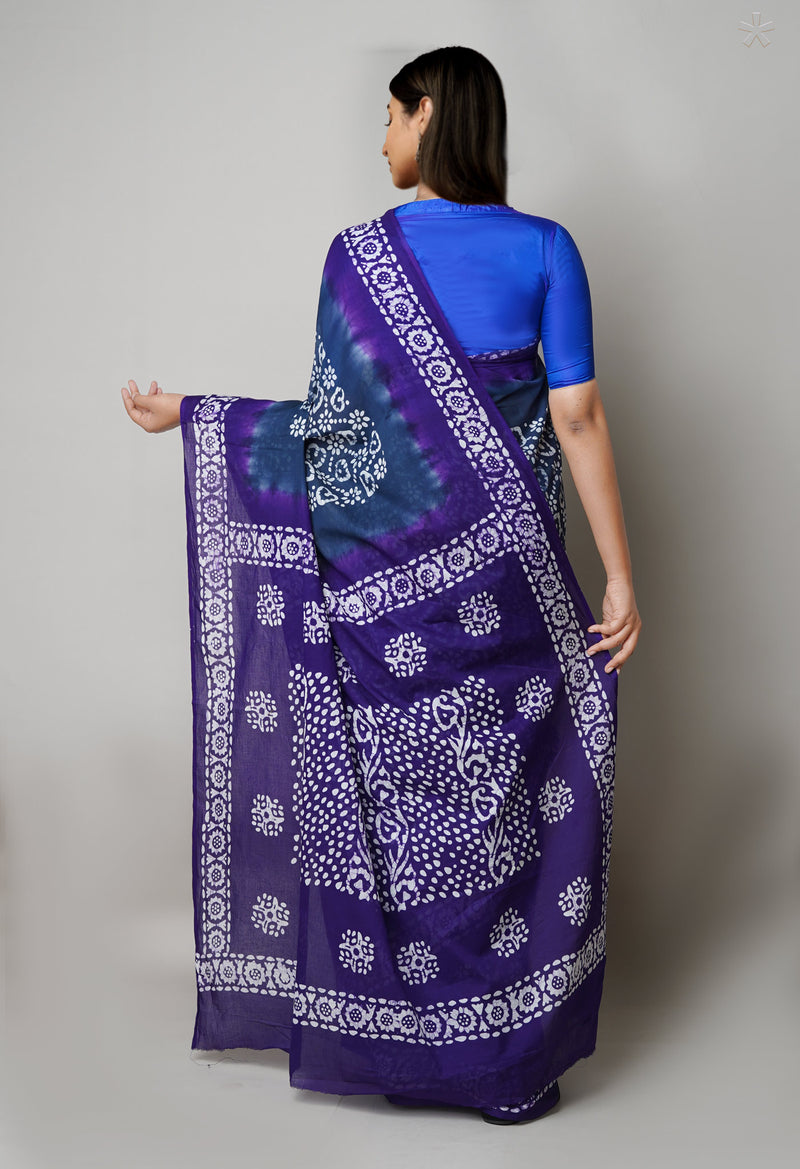 Bluish Grey-Dark Blue Pure  Hand Batik Printed Cotton Saree-UNM73406