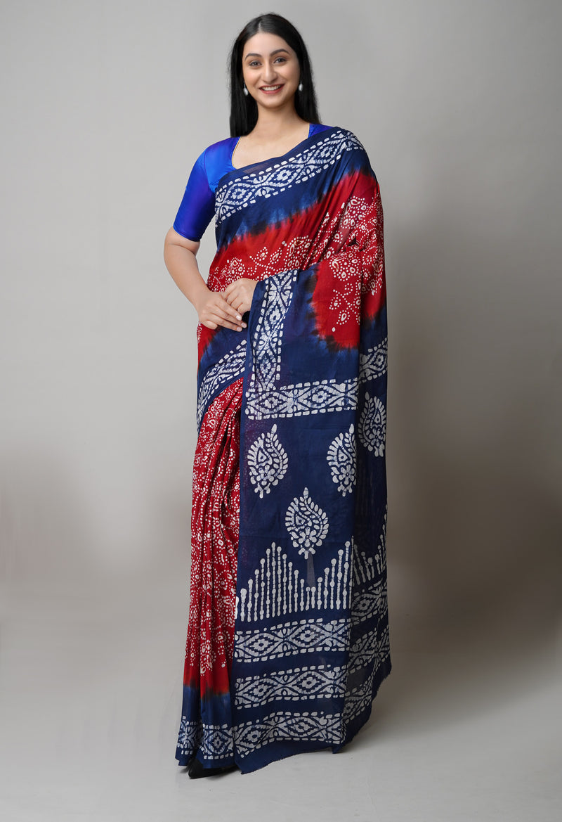 Maroon-Navy Blue Pure  Hand Batik Printed Cotton Saree-UNM73408