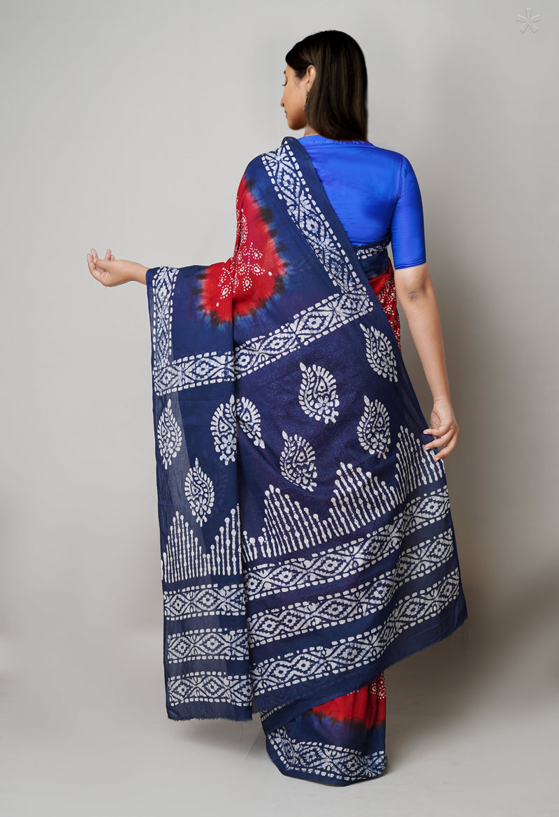 Maroon-Navy Blue Pure  Hand Batik Printed Cotton Saree-UNM73408