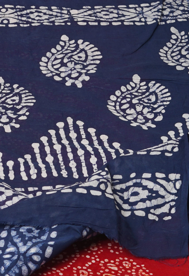 Maroon-Navy Blue Pure  Hand Batik Printed Cotton Saree-UNM73408