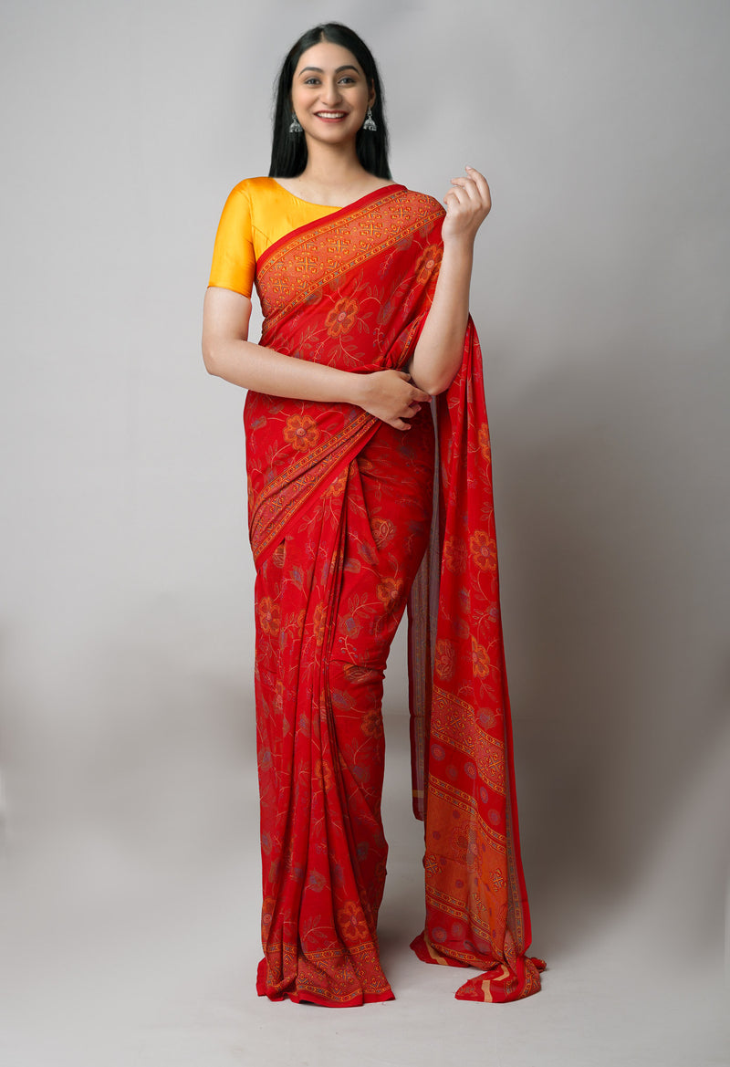 Red Pure  Block Printed Georgette Silk Saree-UNM73417