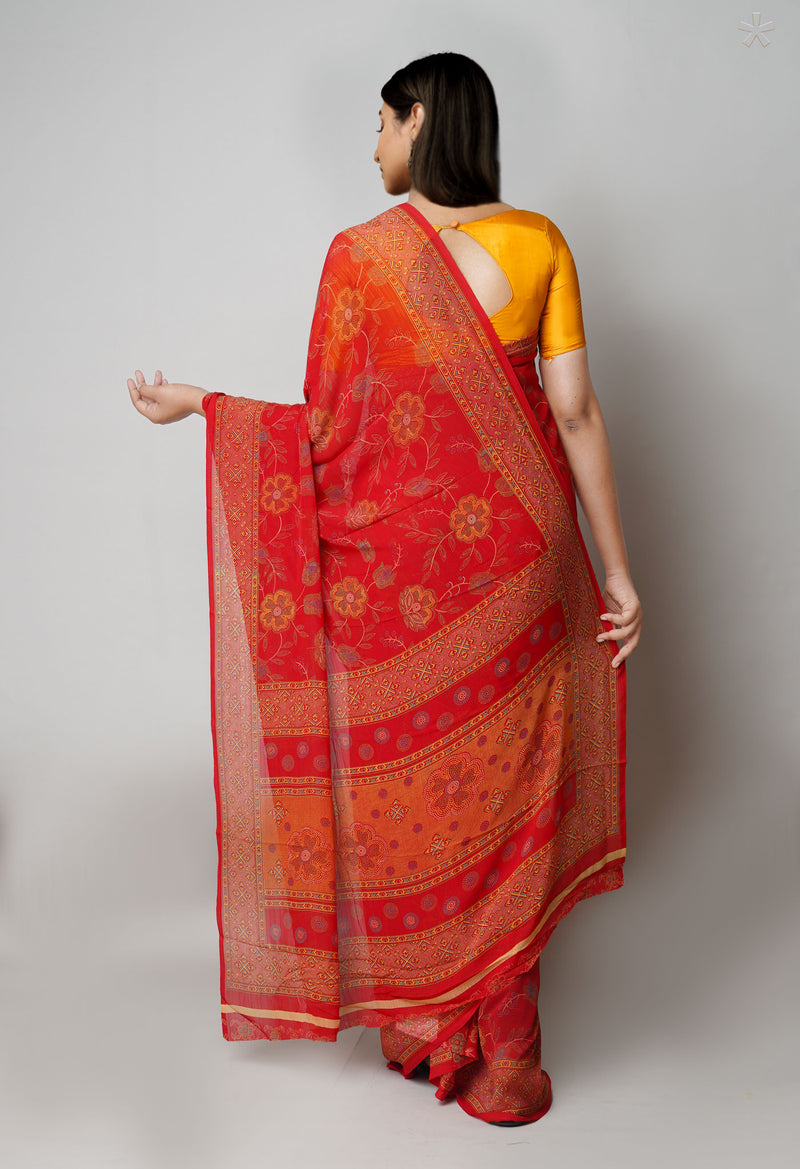 Red Pure  Block Printed Georgette Silk Saree-UNM73417