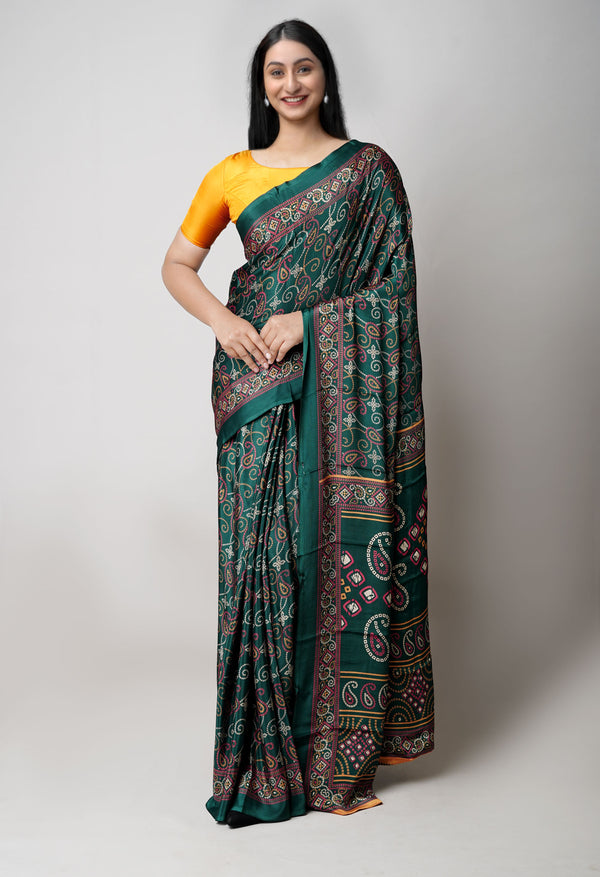 Dark Green Pure  Bandhani Printed Soft Silk Saree-UNM73451