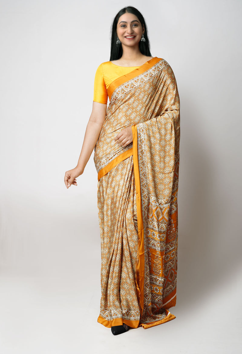 Mustard Yellow Pure  Block Printed Soft Silk Saree-UNM73475