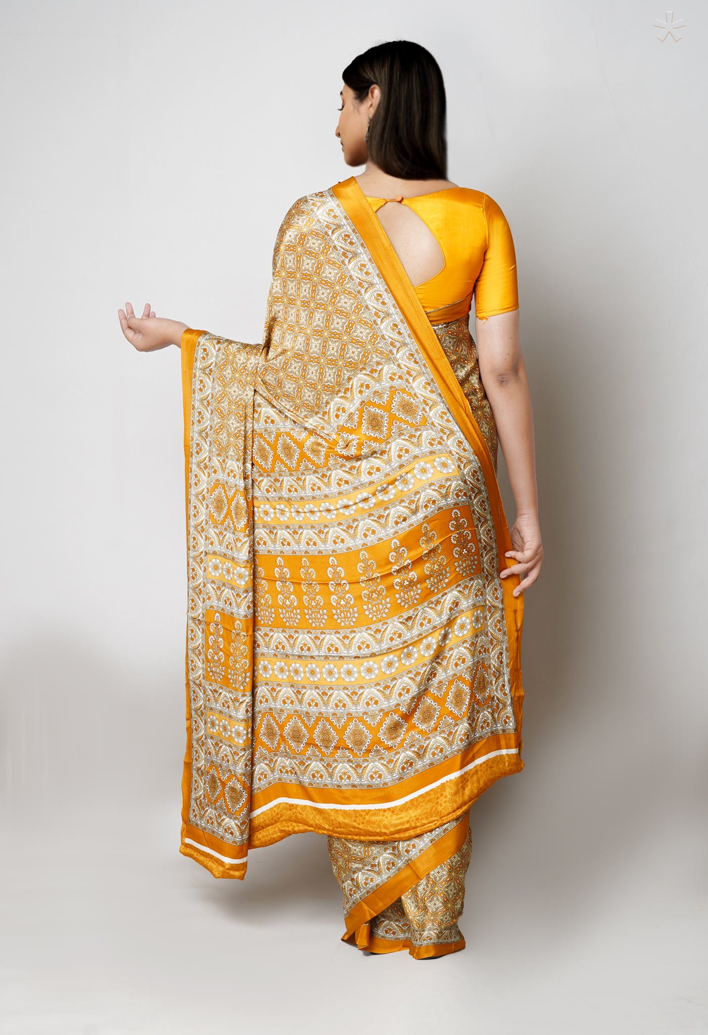 Mustard Yellow Pure Block Printed Soft Silk Saree