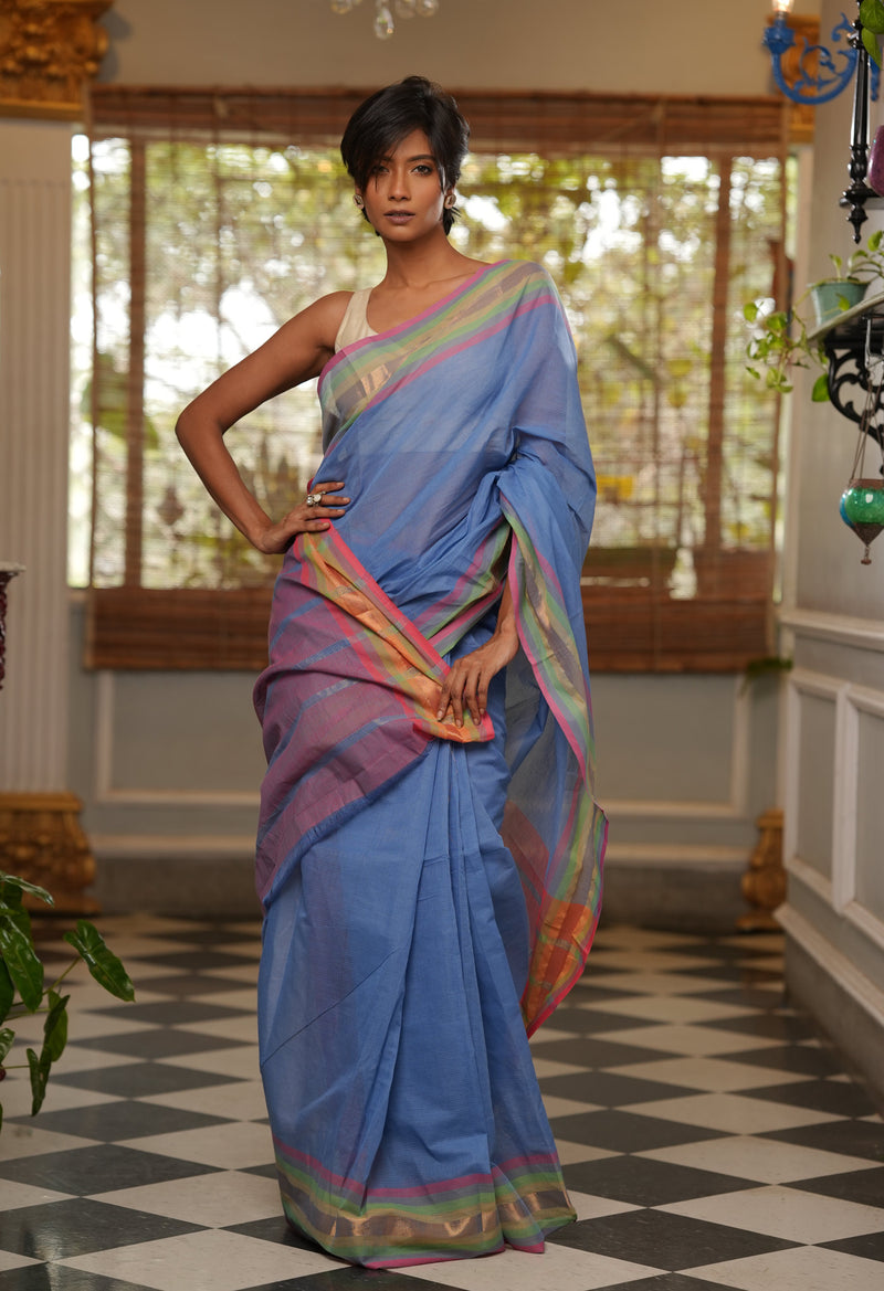 Blue Pure Mangalgiri Cotton Saree-UNM73505