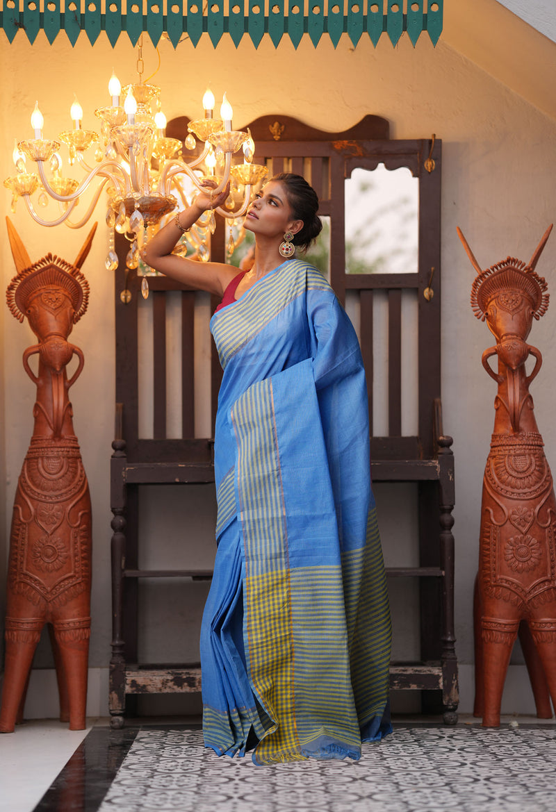 Blue Pure Mangalgiri Cotton Saree-UNM73514