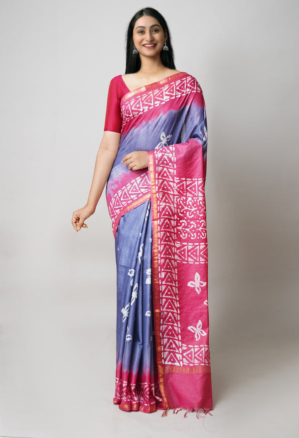 Bluish Grey-Burgundy Pure  Batik Printed Chanderi Sico Saree-UNM73570