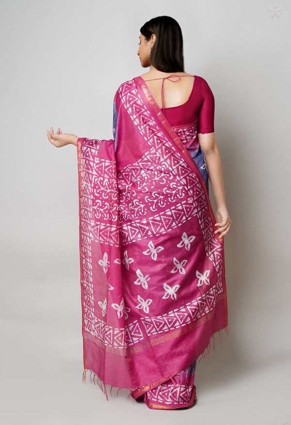 Bluish Grey-Burgundy Pure  Batik Printed Chanderi Sico Saree-UNM73570