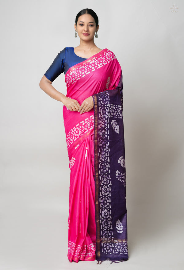 Pink-Dark Blue Pure  Batik Printed Chanderi Sico Saree-UNM73571