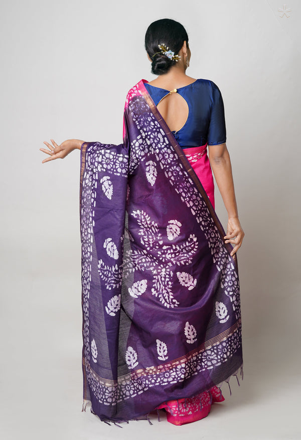 Pink-Dark Blue Pure  Batik Printed Chanderi Sico Saree-UNM73571
