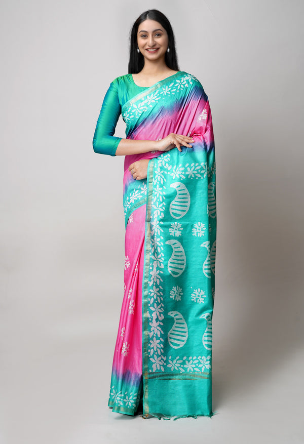 Pink-Green Pure  Batik Printed Chanderi Sico Saree-UNM73572