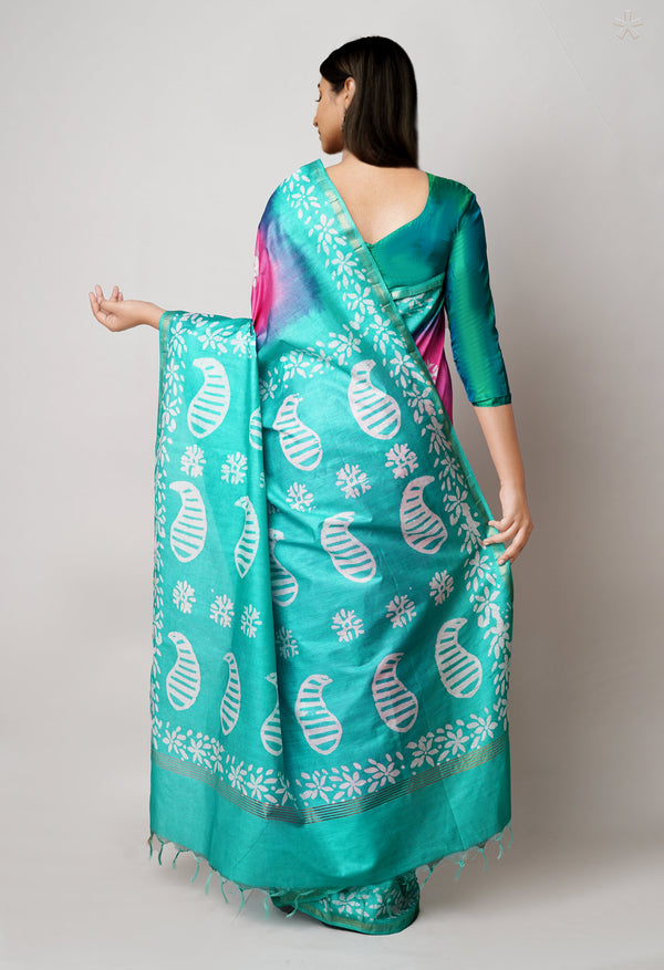 Pink-Green Pure  Batik Printed Chanderi Sico Saree-UNM73572