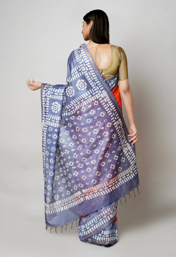 Blue-Orange Pure  Batik Printed Chanderi Sico Saree-UNM73573