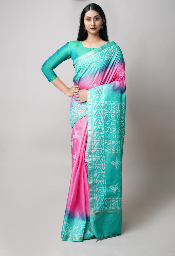 Pink-Green Pure  Batik Printed Chanderi Sico Saree-UNM73575