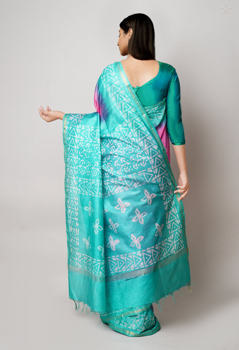 Pink-Green Pure  Batik Printed Chanderi Sico Saree-UNM73575